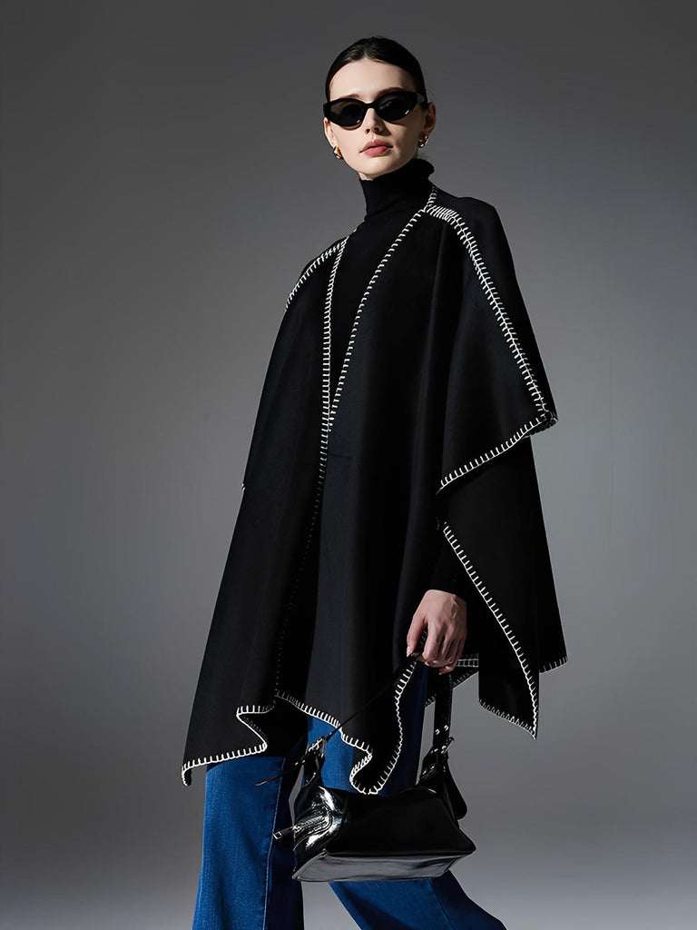 Châle noir double - face, couture contrastée blanche, doux et chaud, style moderne, grande taille, cape d’hiver, modèle Ortile - Châle - Noir