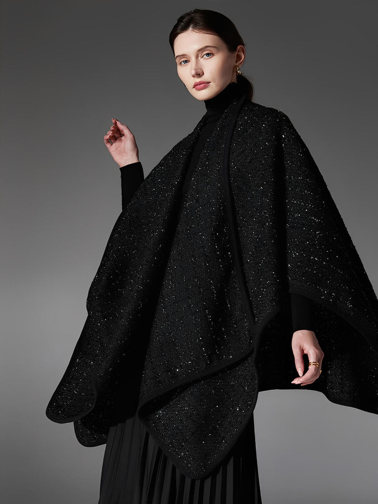 Châle noir scintillant, laine et fibres douces, grand format chaud, style raffiné, cape enveloppante femme, hiver, confort, brillance discrète, modèle Arménia