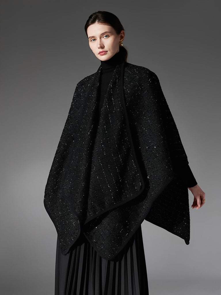 Châle noir scintillant, laine et fibres douces, grand format chaud, style raffiné, cape enveloppante femme, hiver, confort, brillance discrète, modèle Arménia