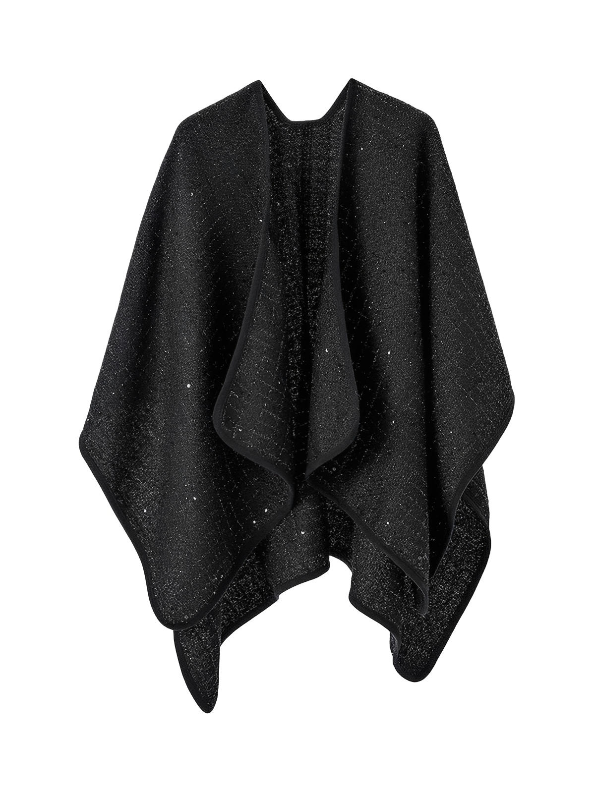 Châle noir scintillant, laine et fibres douces, grand format chaud, style raffiné, cape enveloppante femme, hiver, confort, brillance discrète, modèle Arménia