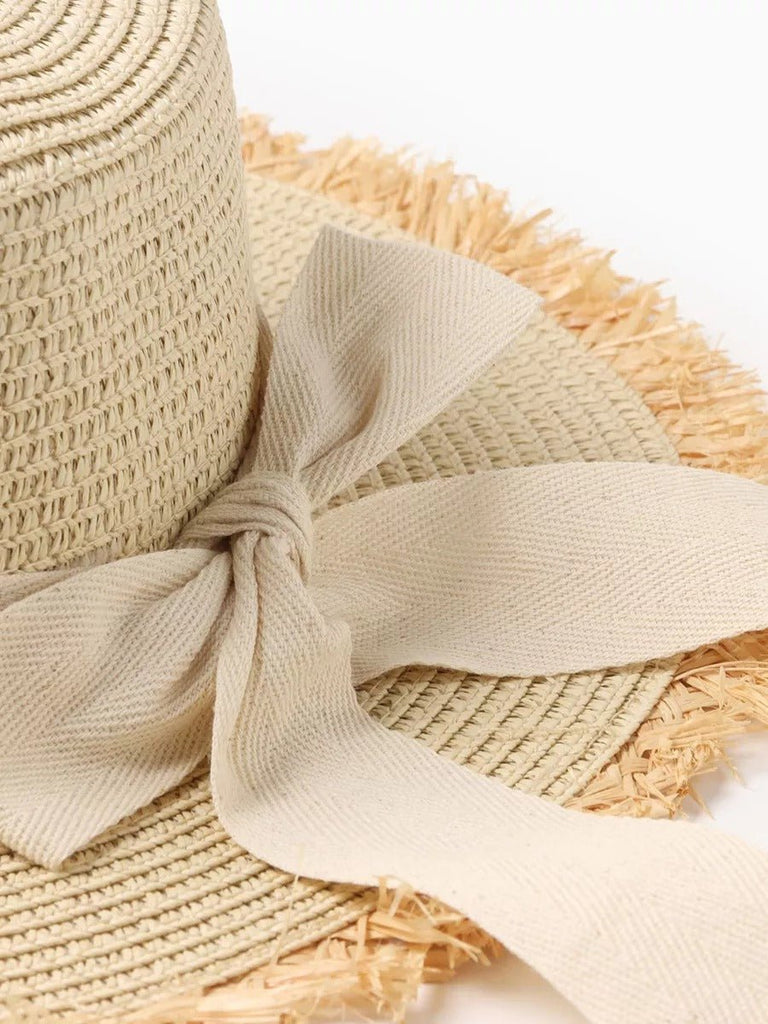 Chapeau de paille femme, capeline large, ruban noué, protection solaire, idéal plage été, modèle Lola - Chapeau de paille - Blanc crème