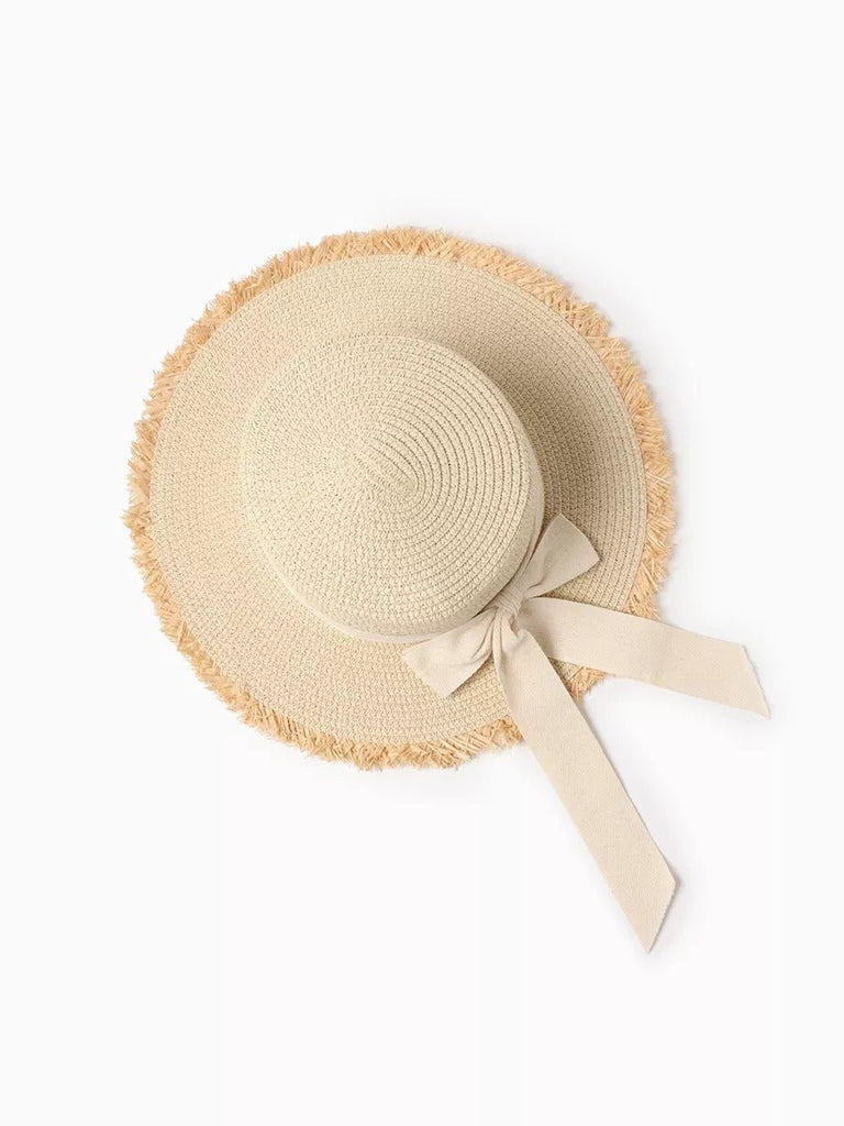 Chapeau de paille femme, capeline large, ruban noué, protection solaire, idéal plage été, modèle Lola - Chapeau de paille - Blanc crème