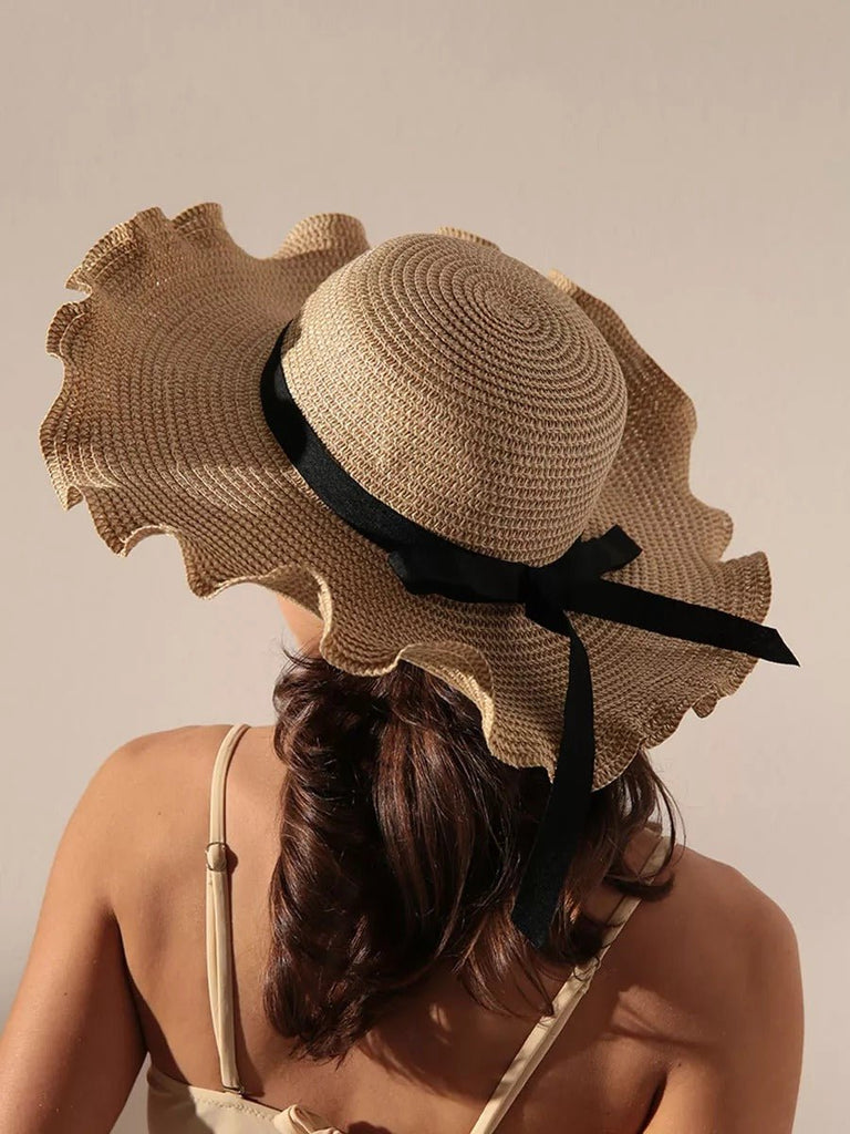 Chapeau de paille, plage, capeline été, chapeau bord large ondulé, soleil, avec nœud, modèle Ophélie - Chapeau de paille - Beige