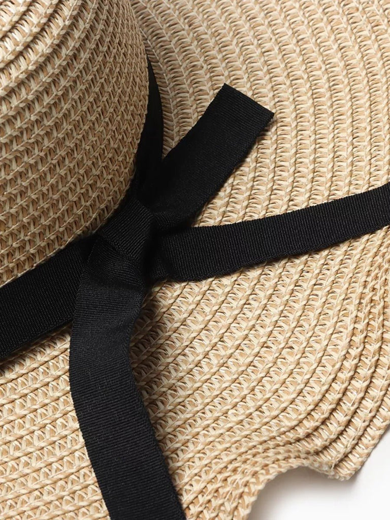 Chapeau de paille, plage, capeline été, chapeau bord large ondulé, soleil, avec nœud, modèle Ophélie - Chapeau de paille - Beige