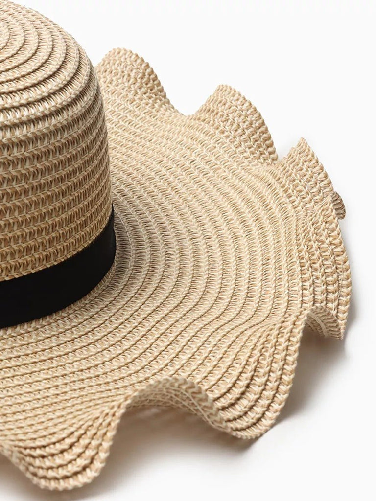 Chapeau de paille, plage, capeline été, chapeau bord large ondulé, soleil, avec nœud, modèle Ophélie - Chapeau de paille - Beige