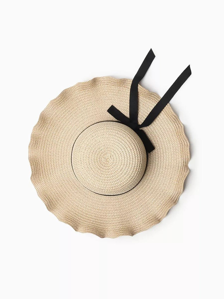 Chapeau de paille, plage, capeline été, chapeau bord large ondulé, soleil, avec nœud, modèle Ophélie - Chapeau de paille - Beige