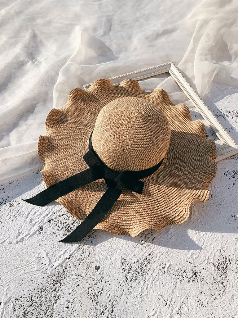 Chapeau de paille, plage, capeline été, chapeau bord large ondulé, soleil, avec nœud, modèle Ophélie - Chapeau de paille - Beige