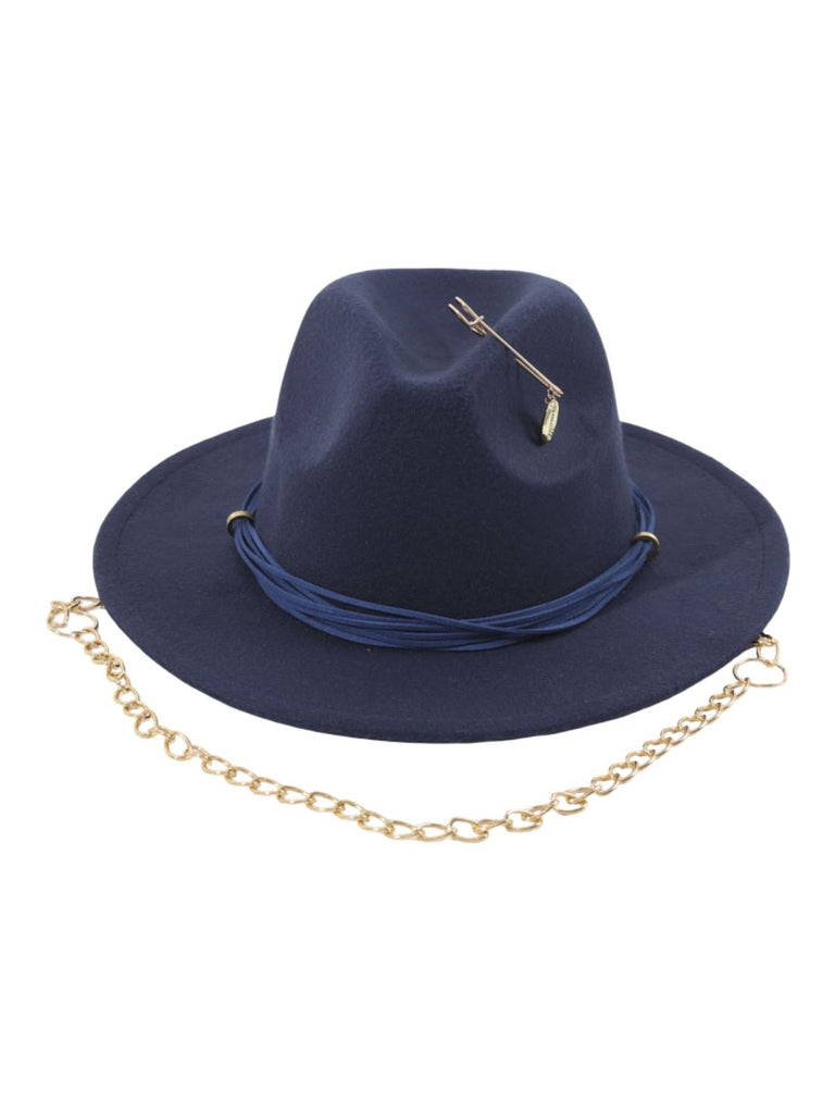 Chapeau feutre femme, chapeau large bord, accessoire mode automne, feutre doux confortable, avec bijou broche doré, modèle Murize - Chapeau de paille - Bleu marine