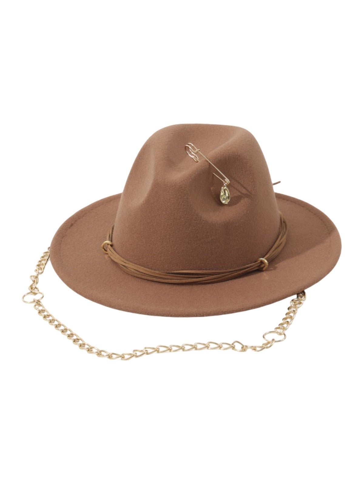 Chapeau feutre femme, chapeau large bord, accessoire mode automne, feutre doux confortable, avec bijou broche doré, modèle Murize - Chapeau de paille - Camel