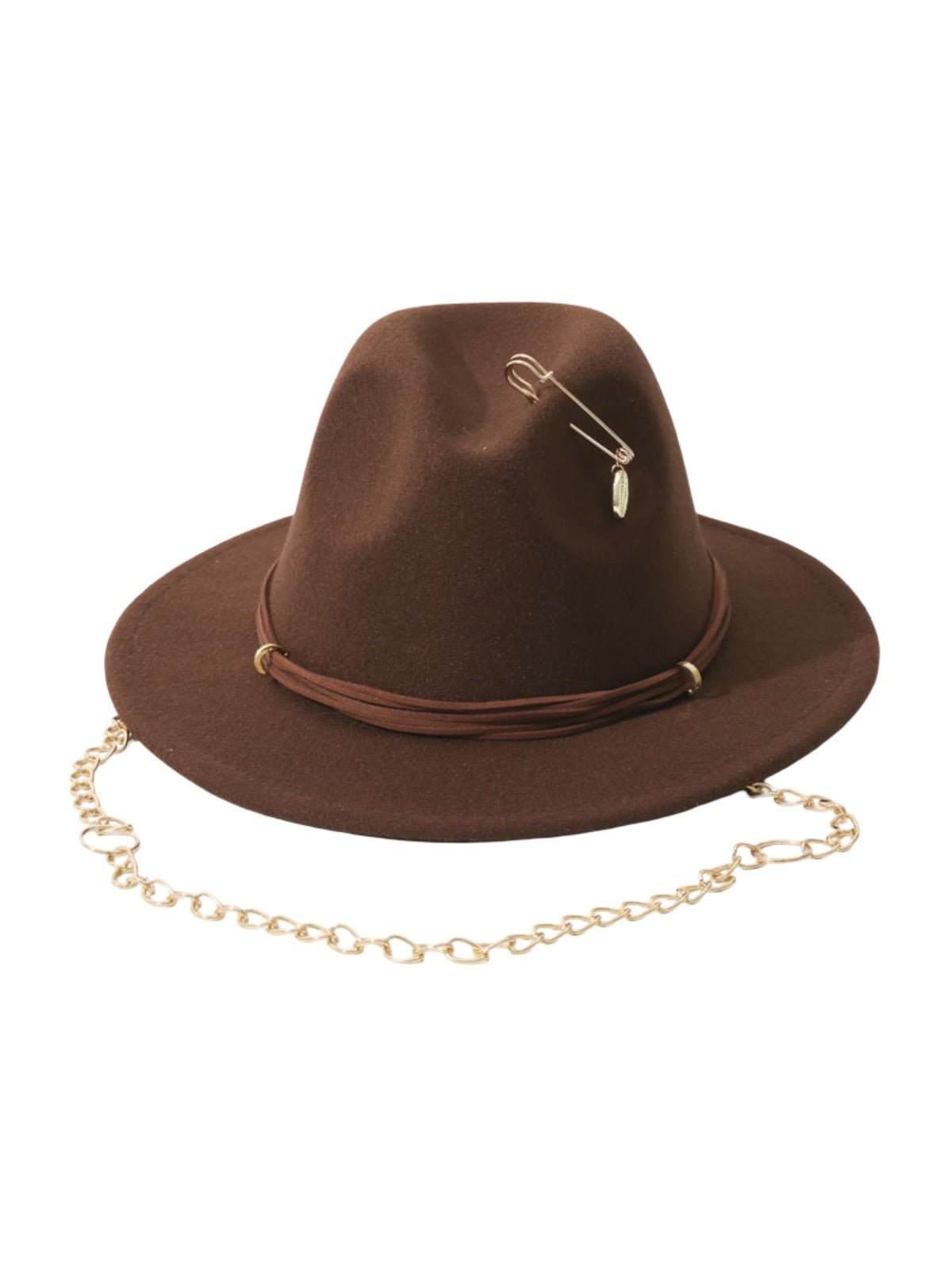 Chapeau feutre femme, chapeau large bord, accessoire mode automne, feutre doux confortable, avec bijou broche doré, modèle Murize - Chapeau de paille - Marron