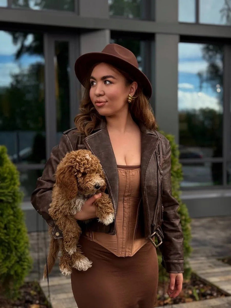 Chapeau feutre unisexe, fedora large bord, réglable bande intérieure, protection solaire UPF50+, feutre léger sans doublure, style urbain chic, modèle Nirma - Chapeau de paille - Marron