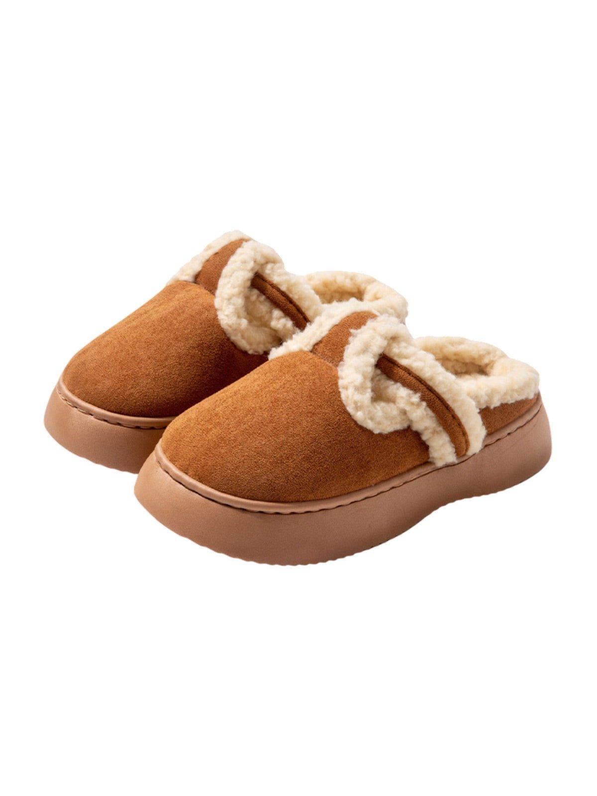 Chaussons d’hiver fourrés, mules chaudes femme, pantoufles intérieures confortables, semelle antidérapante, doublure peluche douce, style moderne, modèle Sicka - Chaussons - Camel XXS