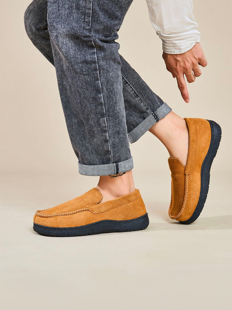 Chaussons homme hiver, mocassins d’intérieur chaud, pantoufles fourrées antidérapantes, chaussons confort maison, chaussures cocooning, modèle Ekrem - Chaussons - Camel L