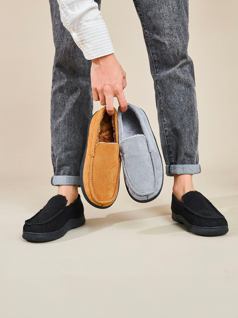 Chaussons homme hiver, mocassins d’intérieur chaud, pantoufles fourrées antidérapantes, chaussons confort maison, chaussures cocooning, modèle Ekrem - Chaussons - Gris L