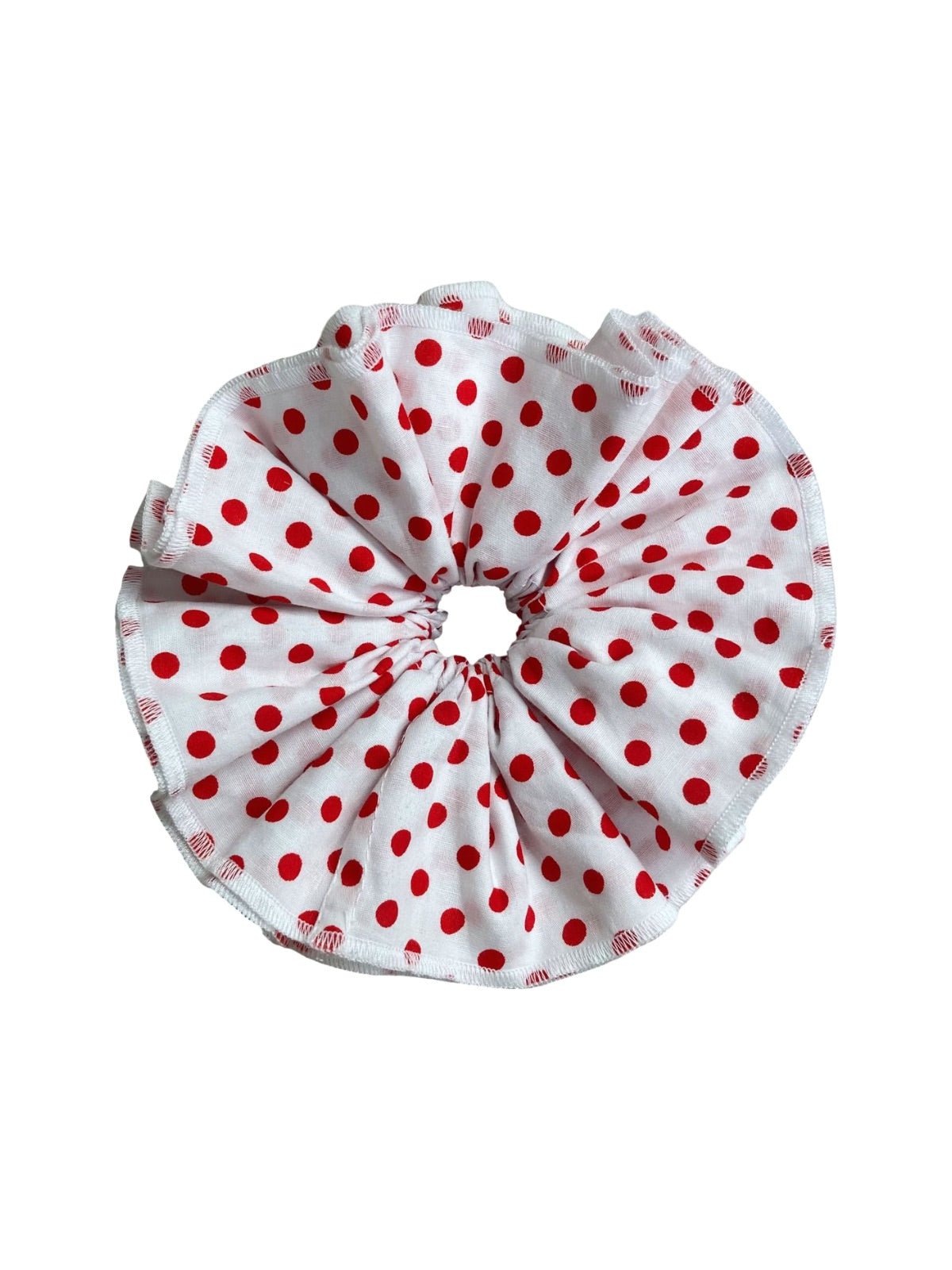 Chouchou à pois, tissu polyester doux, grand format volumineux, finition surpiquée, accessoire cheveux femme, style doux et féminin, modèle Yirsy - Chouchou - Blanc et rouge