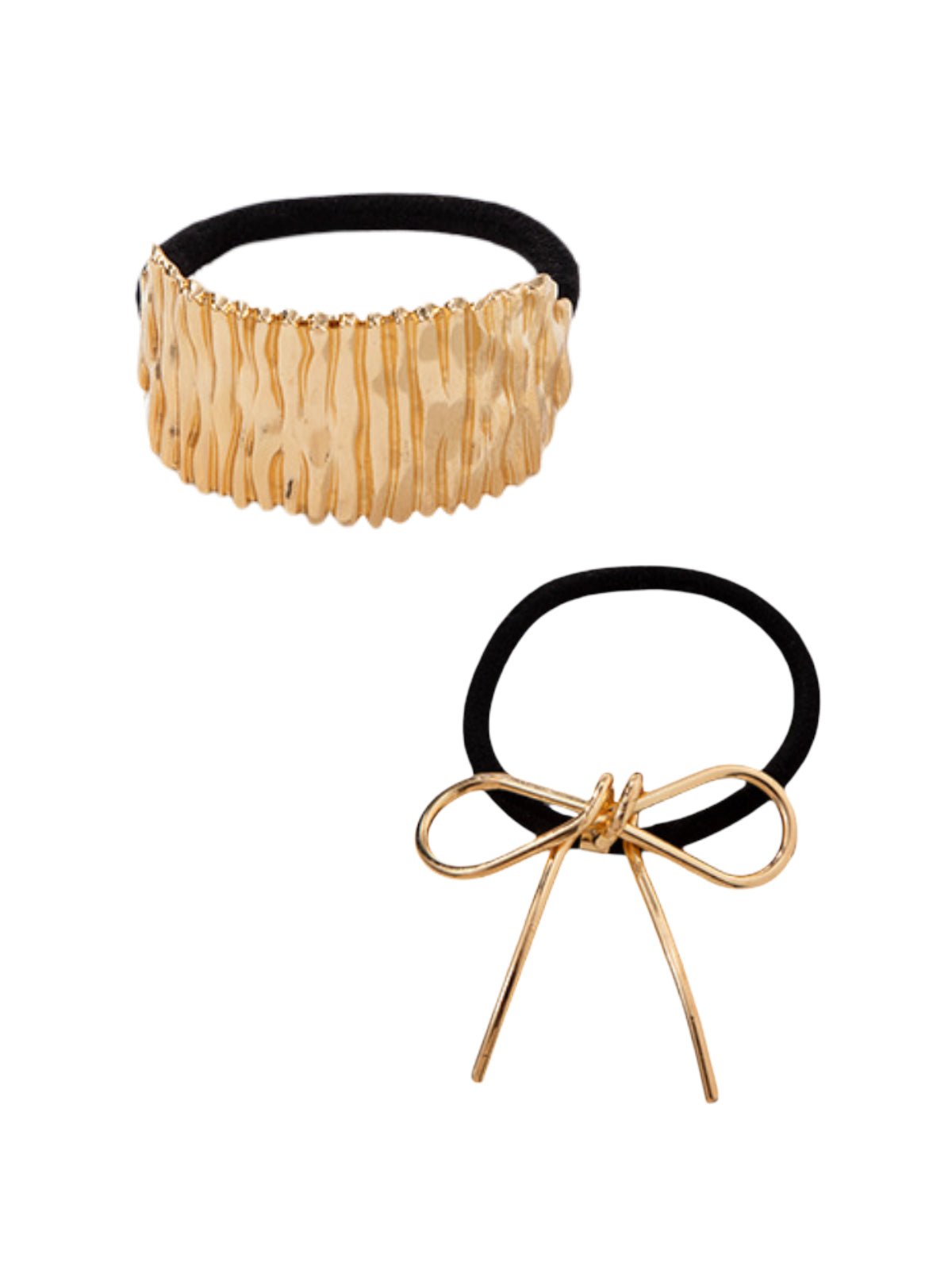 Chouchou cheveux ruban métal x2, élastique noir, nœud doré ou argenté, accessoire de coiffure féminin, queue de cheval chic, style moderne, modèle Svarina - Chouchou - Or