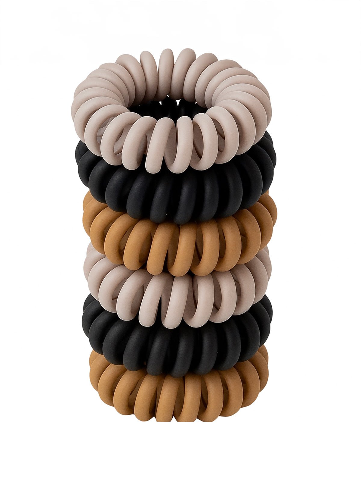 Chouchou spirale silicone, élastiques cheveux résistants, lot de 6, noir, gris, brun, antiglisse, sans trace, modèle Spirou - Chouchou - Noir / Brun / Gris