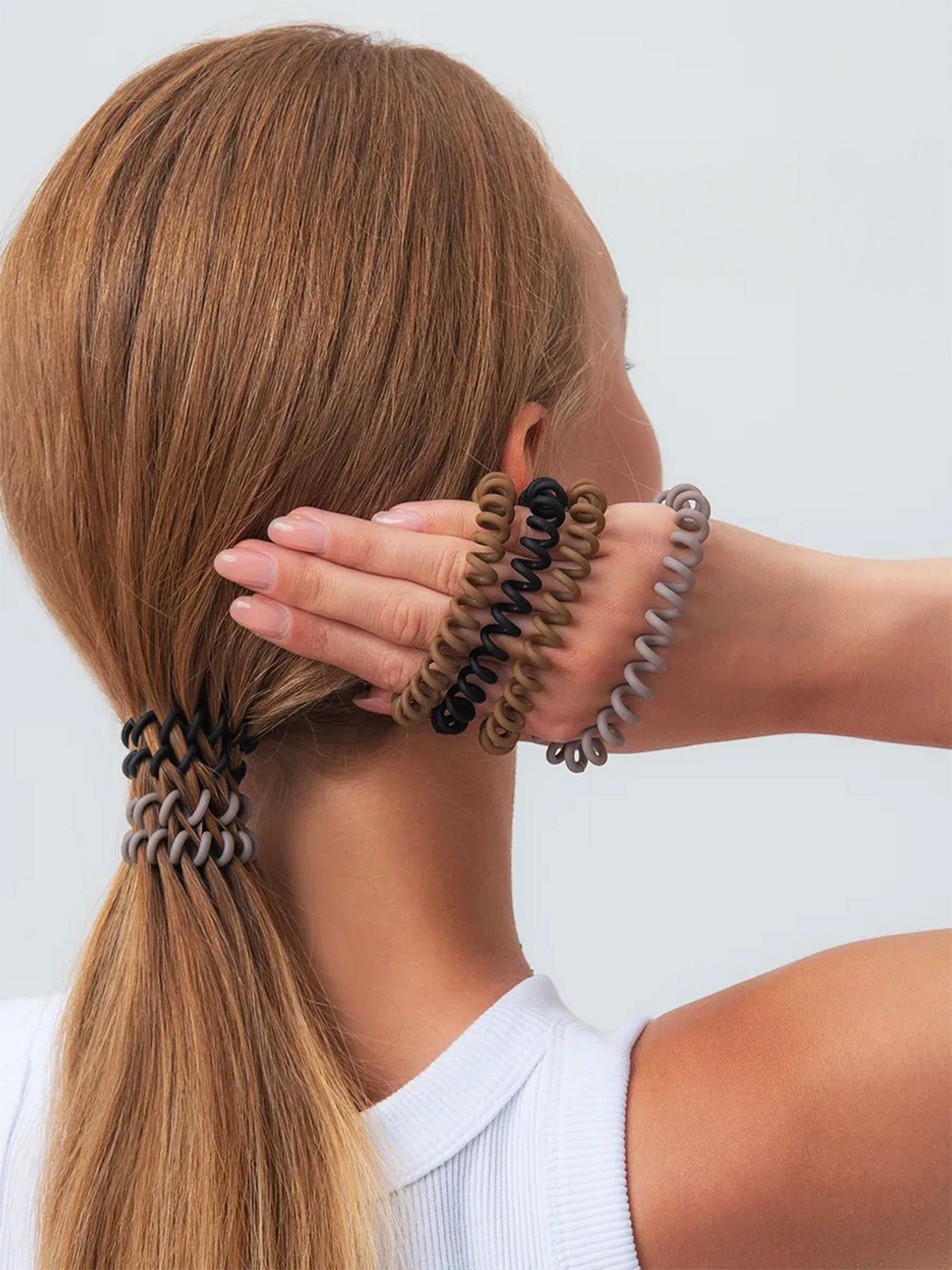 Chouchou spirale silicone, élastiques cheveux résistants, lot de 6, noir, gris, brun, antiglisse, sans trace, modèle Spirou - Chouchou - Noir / Brun / Gris