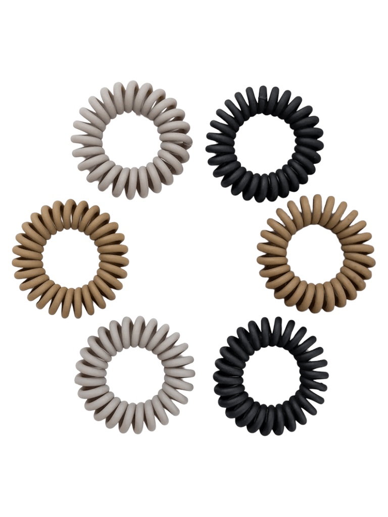 Chouchou spirale silicone, élastiques cheveux résistants, lot de 6, noir, gris, brun, antiglisse, sans trace, modèle Spirou - Chouchou - Noir / Brun / Gris