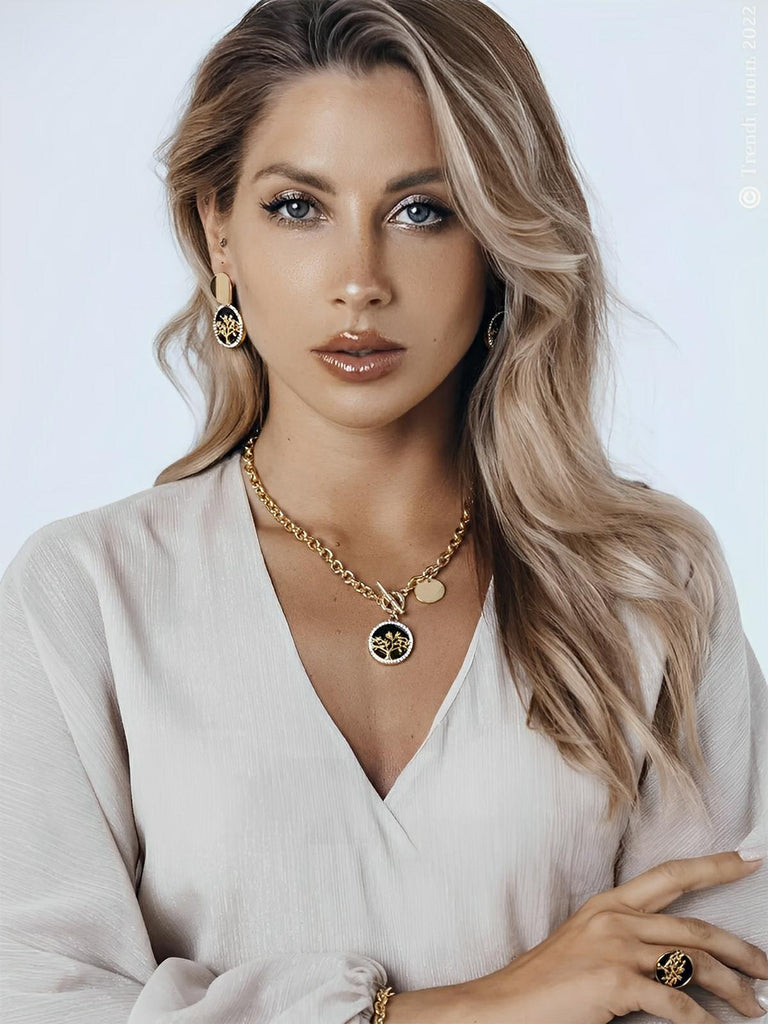 Collier à maillons, pendentif arbre de vie, plaqué or, style old money, modèle Nelou - Collier - Or 52 cm