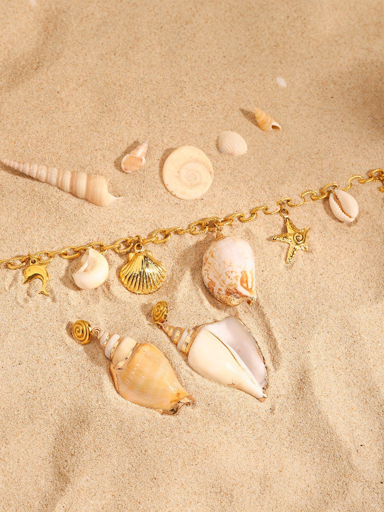 Collier chaîne coquillages doré, acier inoxydable, breloques étoiles, lune, crustacés, modèle Ura - Collier - Or 45 +5 cm