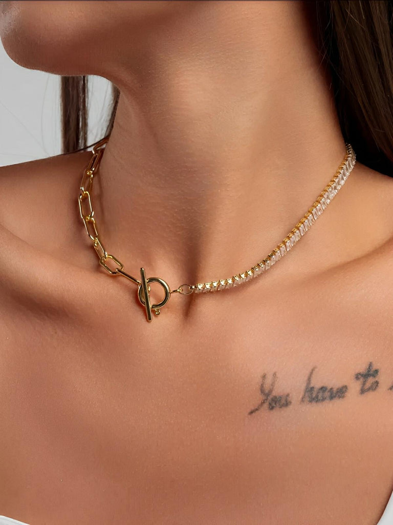 Collier chaîne dorée, zirconium étincelant, fermoir OT, pour femme, modèle Sonia - Collier - Or 40 - 50 cm