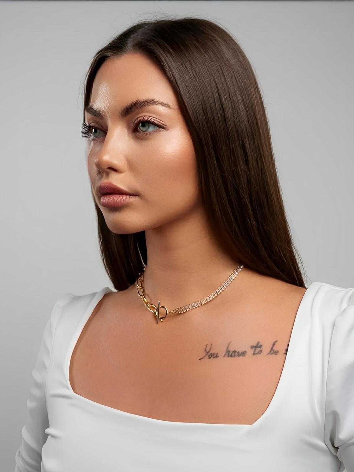 Collier chaîne dorée, zirconium étincelant, fermoir OT, pour femme, modèle Sonia - Collier - Or 40 - 50 cm