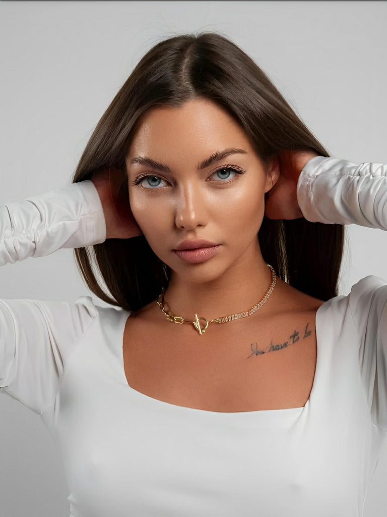 Collier chaîne dorée, zirconium étincelant, fermoir OT, pour femme, modèle Sonia - Collier - Or 40 - 50 cm