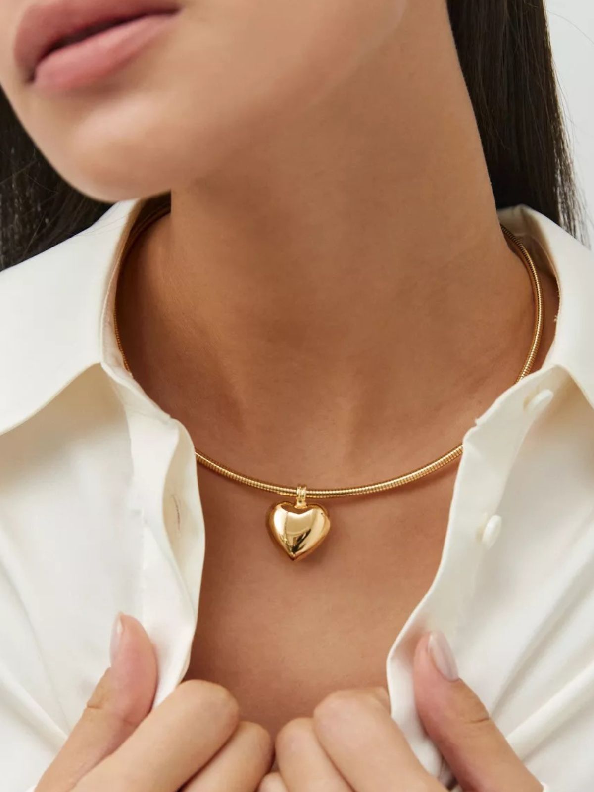 Collier cœur doré, pendentif bombé, acier titane femme, ras de cou, chaîne rigide, modèle Marietta - Collier - Or 21 - 40cm