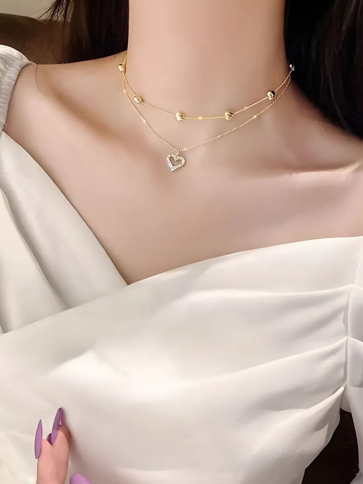 Collier cœur double rang, pendentif love cristal, chaîne serpent dorée, bijou femme moderne, style romantique, modèle Nyssa - Collier - Or 41 - 50cm