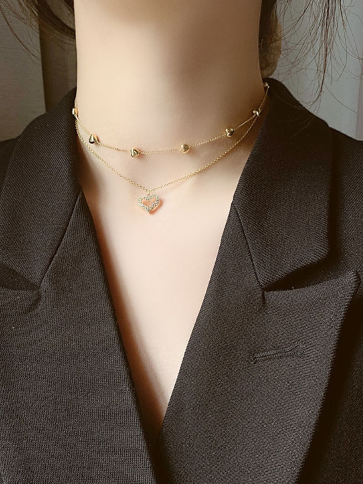 Collier cœur double rang, pendentif love cristal, chaîne serpent dorée, bijou femme moderne, style romantique, modèle Nyssa - Collier - Or 41 - 50cm
