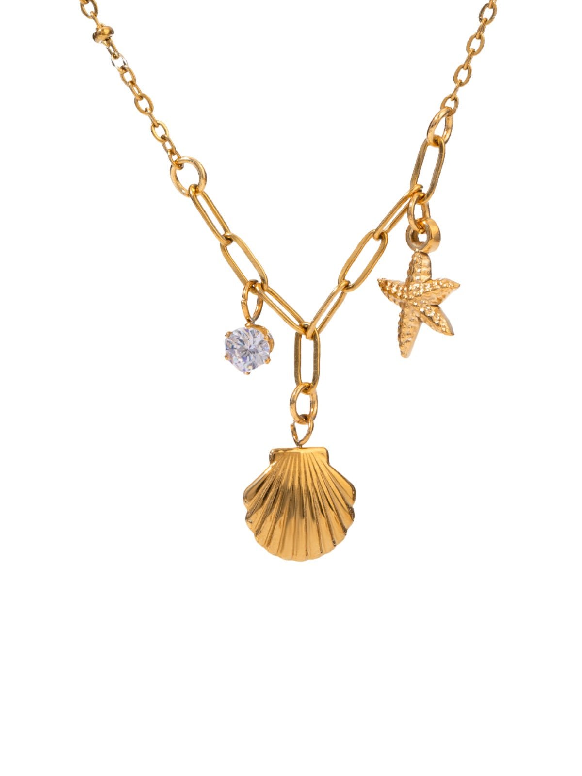Collier coquillage doré, pendentif étoile de mer, zircon, chaîne fine acier inoxydable, style plage, femme, modèle Dalida - Collier - Or 45+5 cm