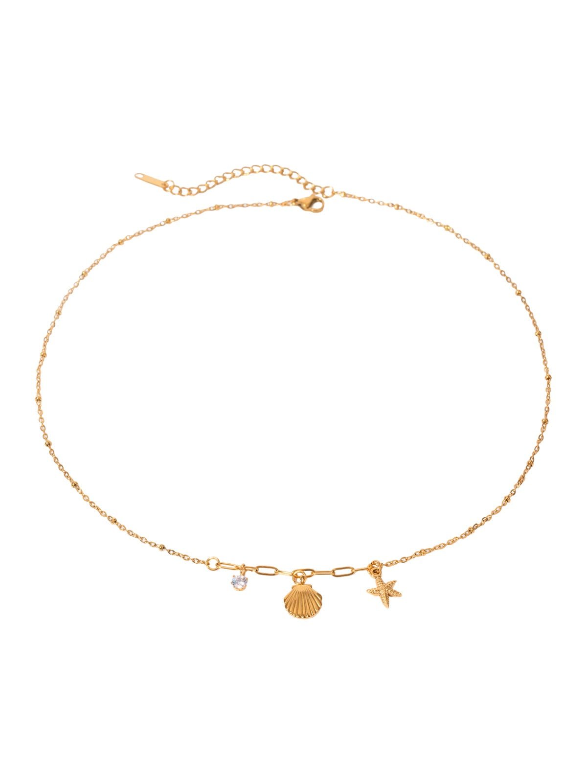 Collier coquillage doré, pendentif étoile de mer, zircon, chaîne fine acier inoxydable, style plage, femme, modèle Dalida - Collier - Or 45+5 cm