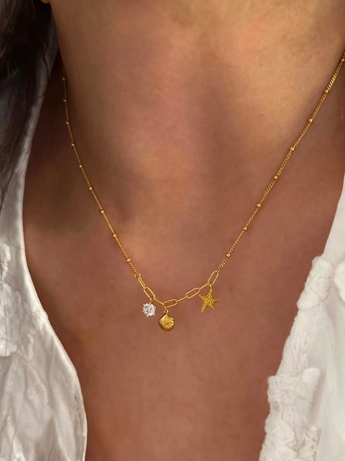 Collier coquillage doré, pendentif étoile de mer, zircon, chaîne fine acier inoxydable, style plage, femme, modèle Dalida - Collier - Or 45+5 cm