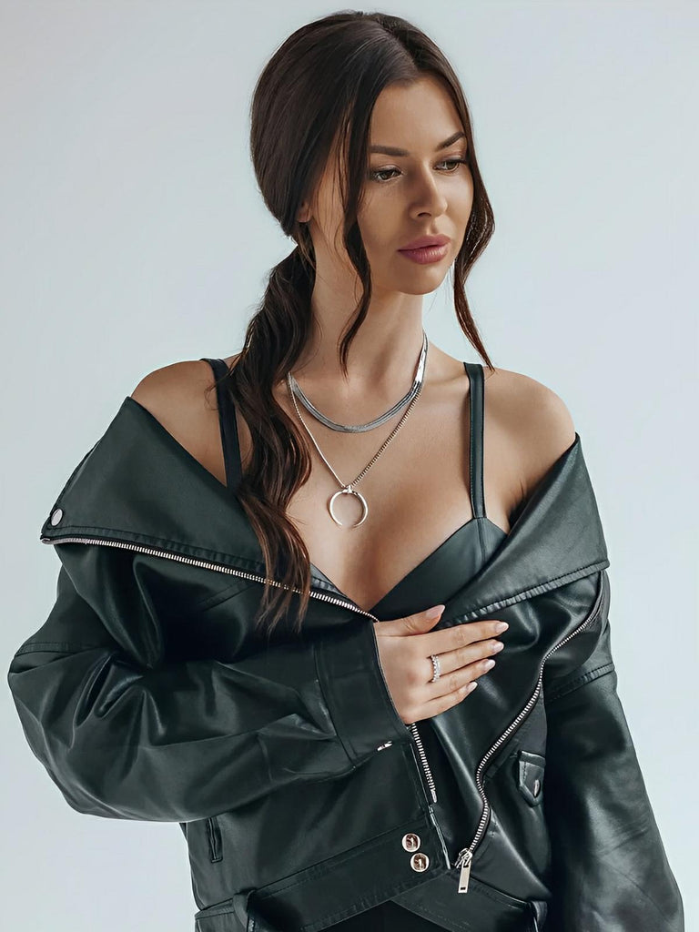 Collier double chaîne dorée femme, pendentif croissant, style vintage, chaîne plate brillante, look superposé, modèle Vanessa - Collier - Argent