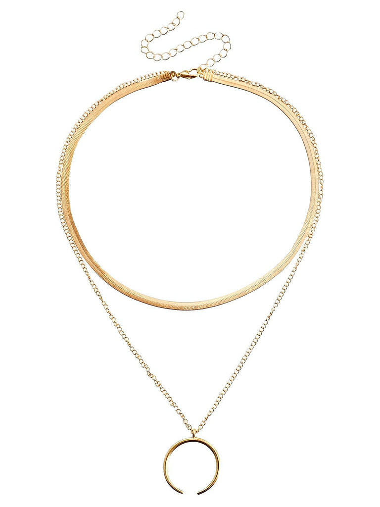 Collier double chaîne dorée femme, pendentif croissant, style vintage, chaîne plate brillante, look superposé, modèle Vanessa - Collier - Or