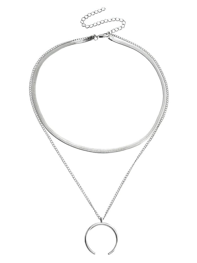 Collier double chaîne dorée femme, pendentif croissant, style vintage, chaîne plate brillante, look superposé, modèle Vanessa - Collier - Argent