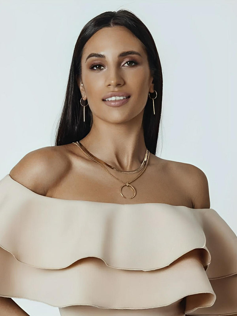 Collier double chaîne dorée femme, pendentif croissant, style vintage, chaîne plate brillante, look superposé, modèle Vanessa - Collier - Or