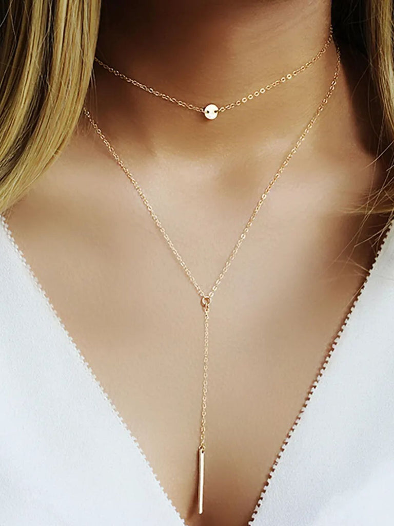 Collier double chaîne géométrique, acier inoxydable, cercle et barre, or, argent, or rose, modèle Kamila - Collier - Or Rosé 35 - 38cm