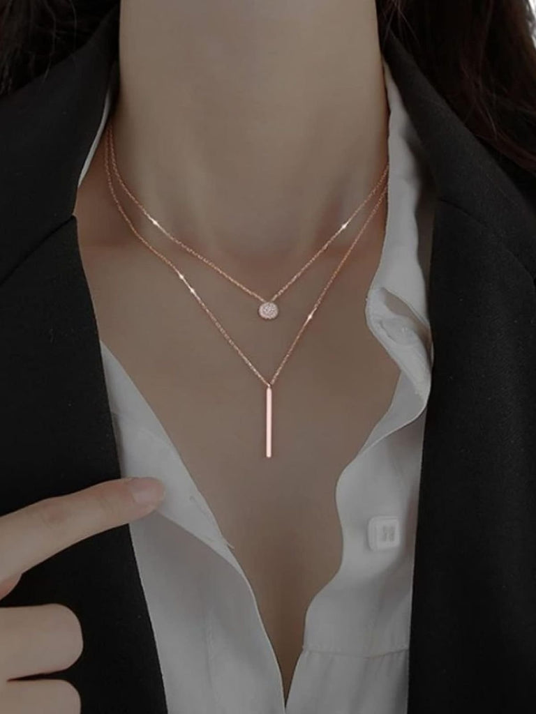 Collier double chaîne géométrique, acier inoxydable, cercle et barre, or, argent, or rose, modèle Kamila - Collier - Or Rosé 35 - 38cm