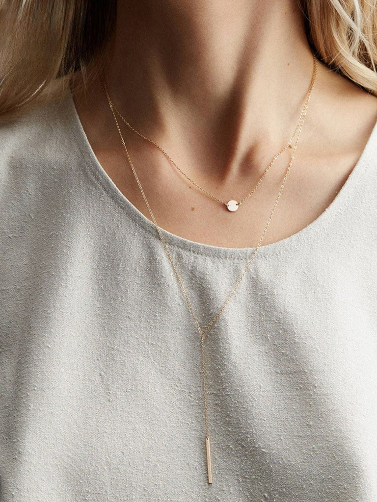 Collier double chaîne géométrique, acier inoxydable, cercle et barre, or, argent, or rose, modèle Kamila - Collier - Or Rosé 35 - 38cm