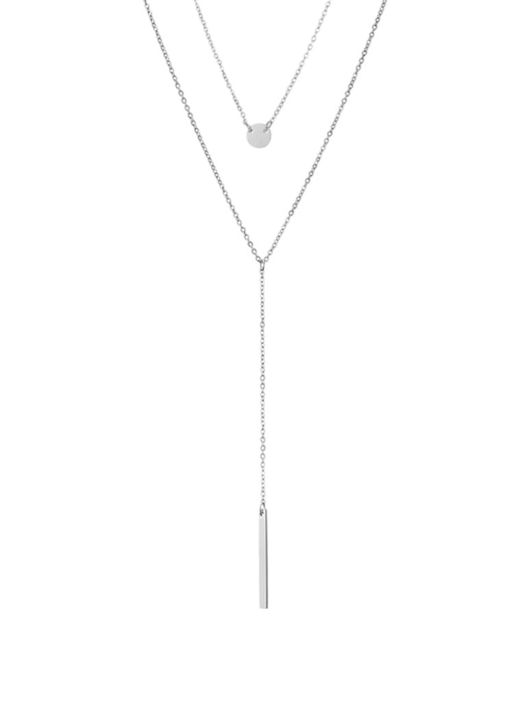 Collier double chaîne géométrique, acier inoxydable, cercle et barre, or, argent, or rose, modèle Kamila - Collier - Argent 35 - 38cm