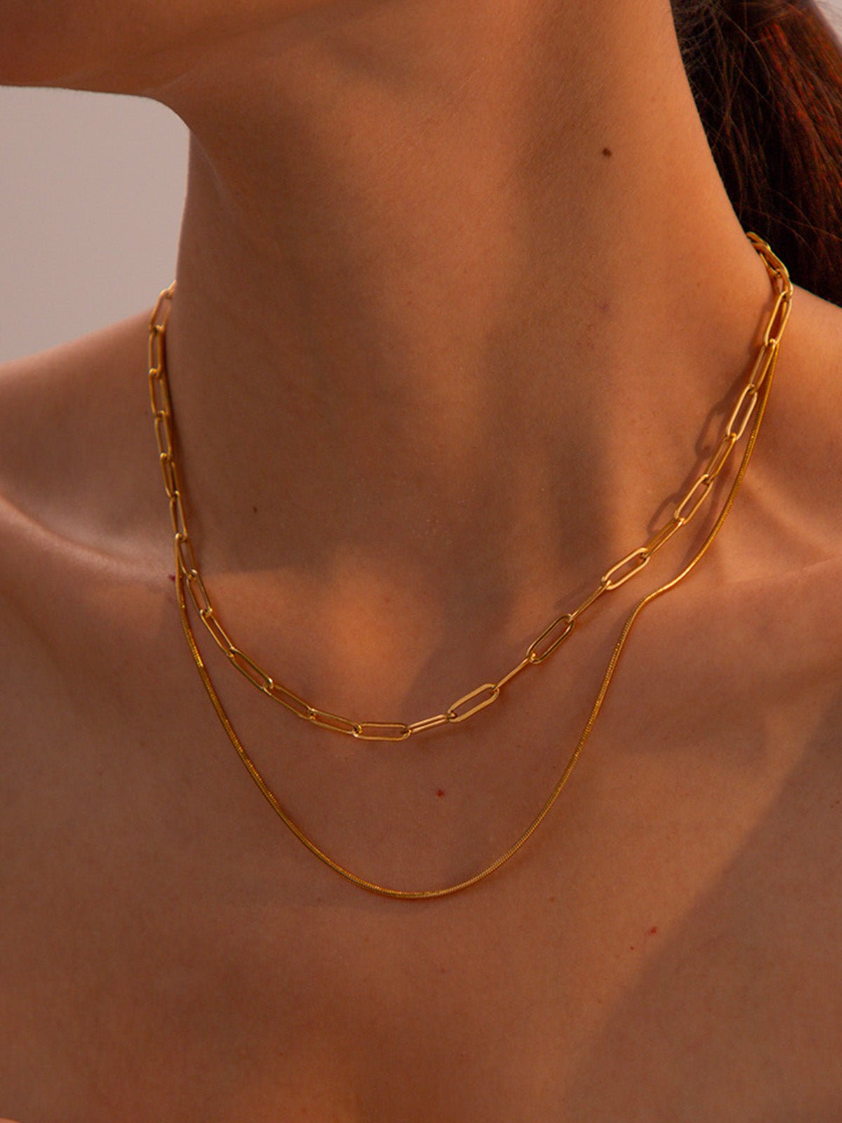 Collier double rang, chaîne rectangulaire forçat et maille serpent, acier inoxydable, doré, modèle Aluli - Collier - Or 41 +5.5 cm