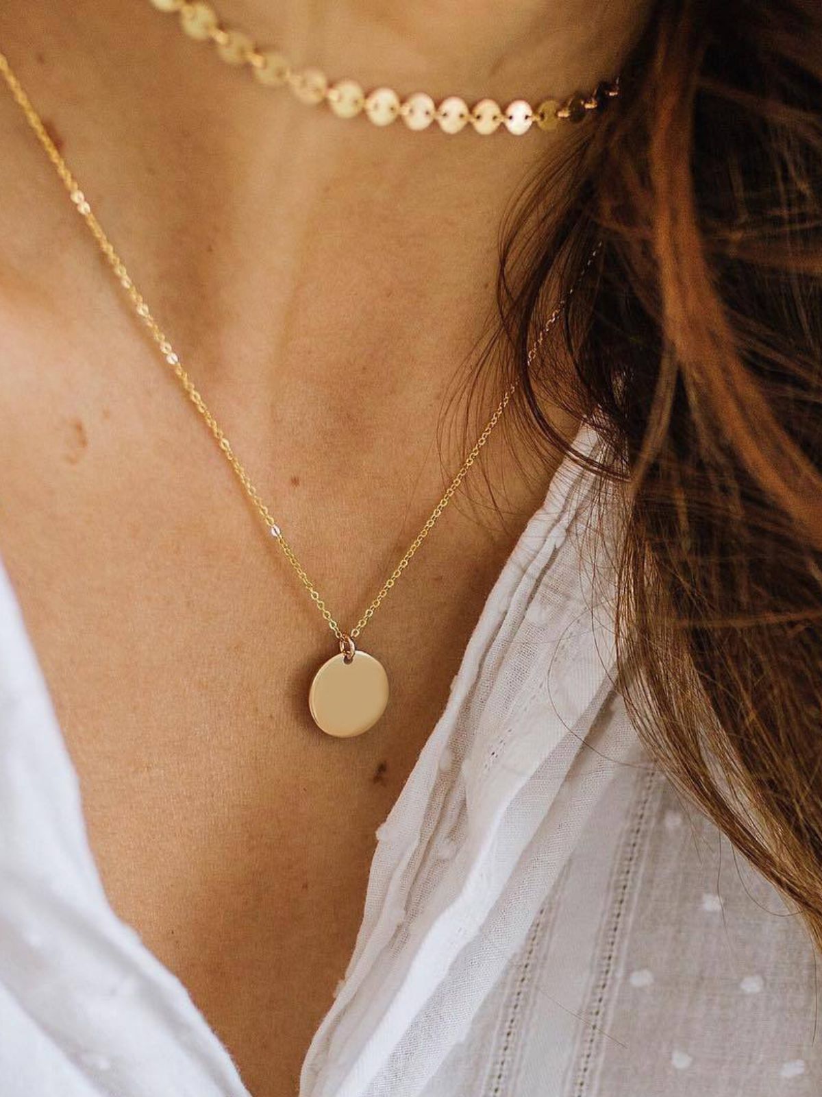 Collier double rang femme, acier inoxydable, pendentif rond, chaîne fine, doré ou argenté, modèle Margot - Collier - Or ros 35 - 38cm