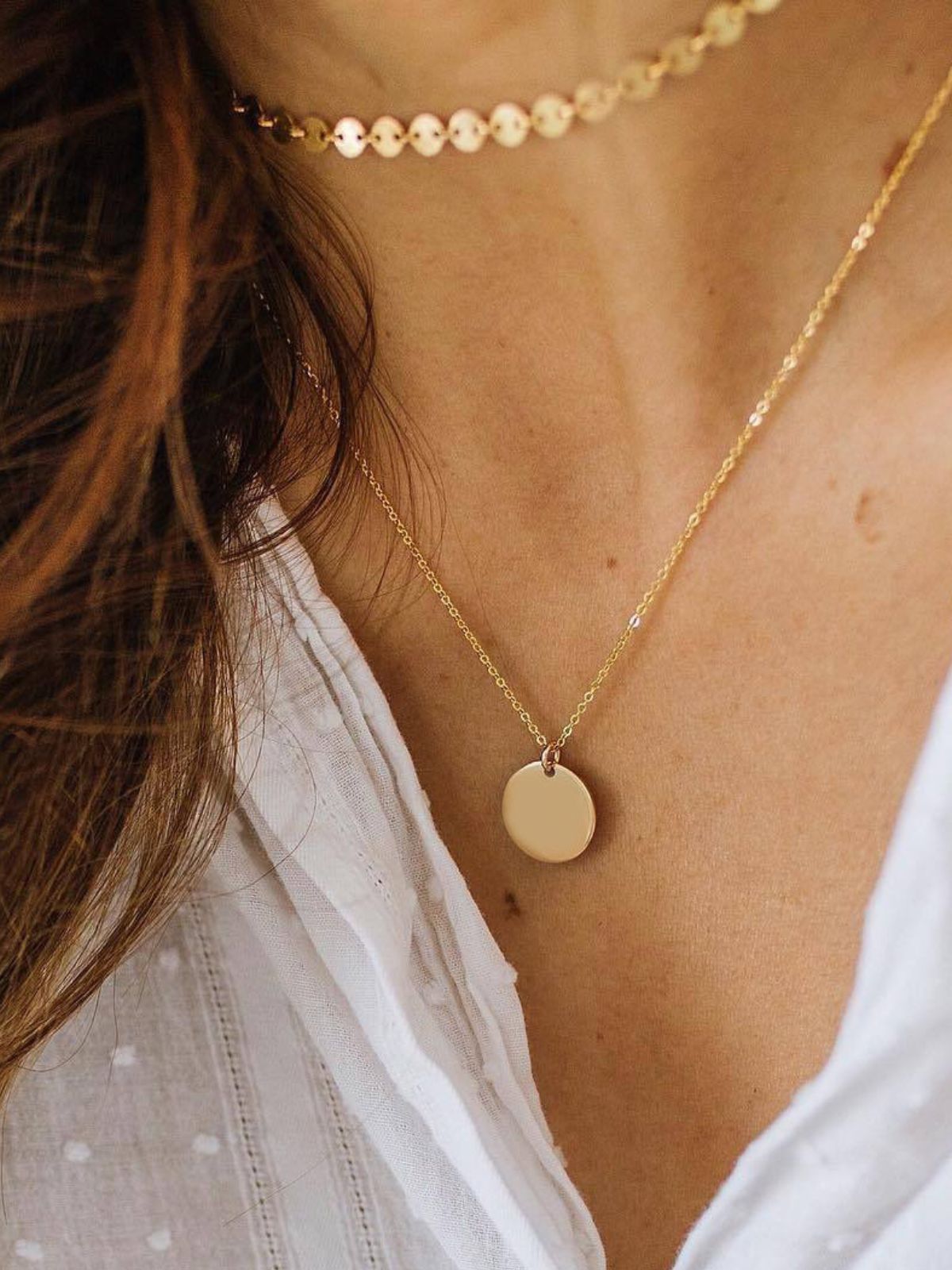 Collier double rang femme, acier inoxydable, pendentif rond, chaîne fine, doré ou argenté, modèle Margot - Collier - Or ros 35 - 38cm