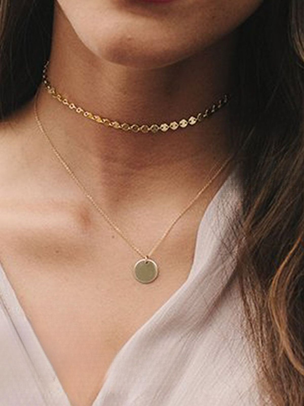 Collier double rang femme, acier inoxydable, pendentif rond, chaîne fine, doré ou argenté, modèle Margot - Collier - Or ros 35 - 38cm