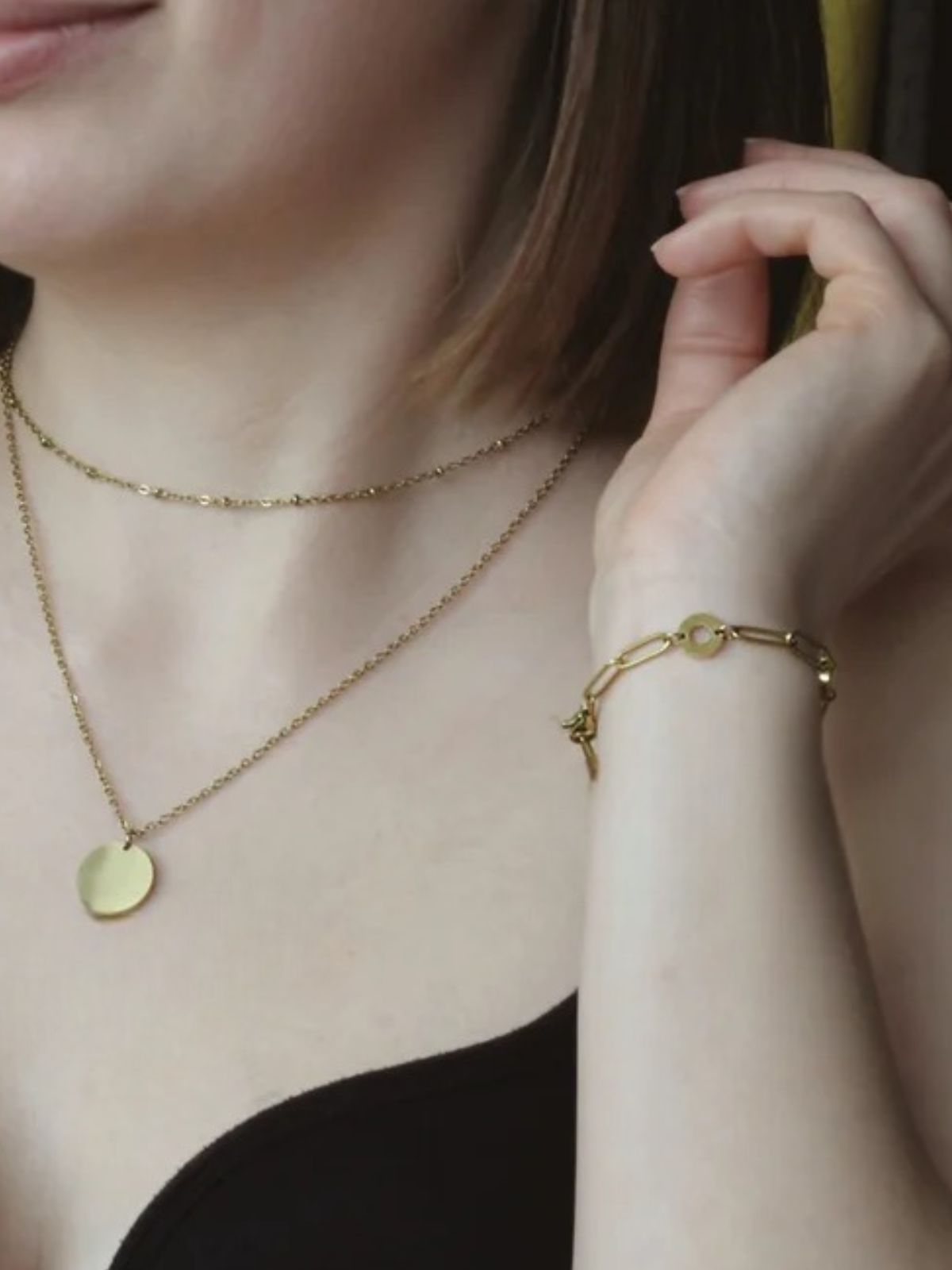 Collier double rang femme, chaîne fine acier inoxydable, pendentif rond, modèle Marguerite - Collier - Or 38 - 43cm