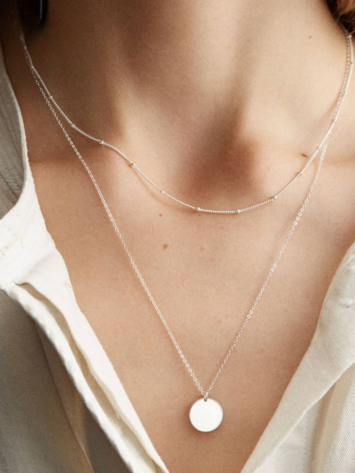 Collier double rang femme, chaîne fine acier inoxydable, pendentif rond, modèle Marguerite - Collier - Argent 38 - 43cm