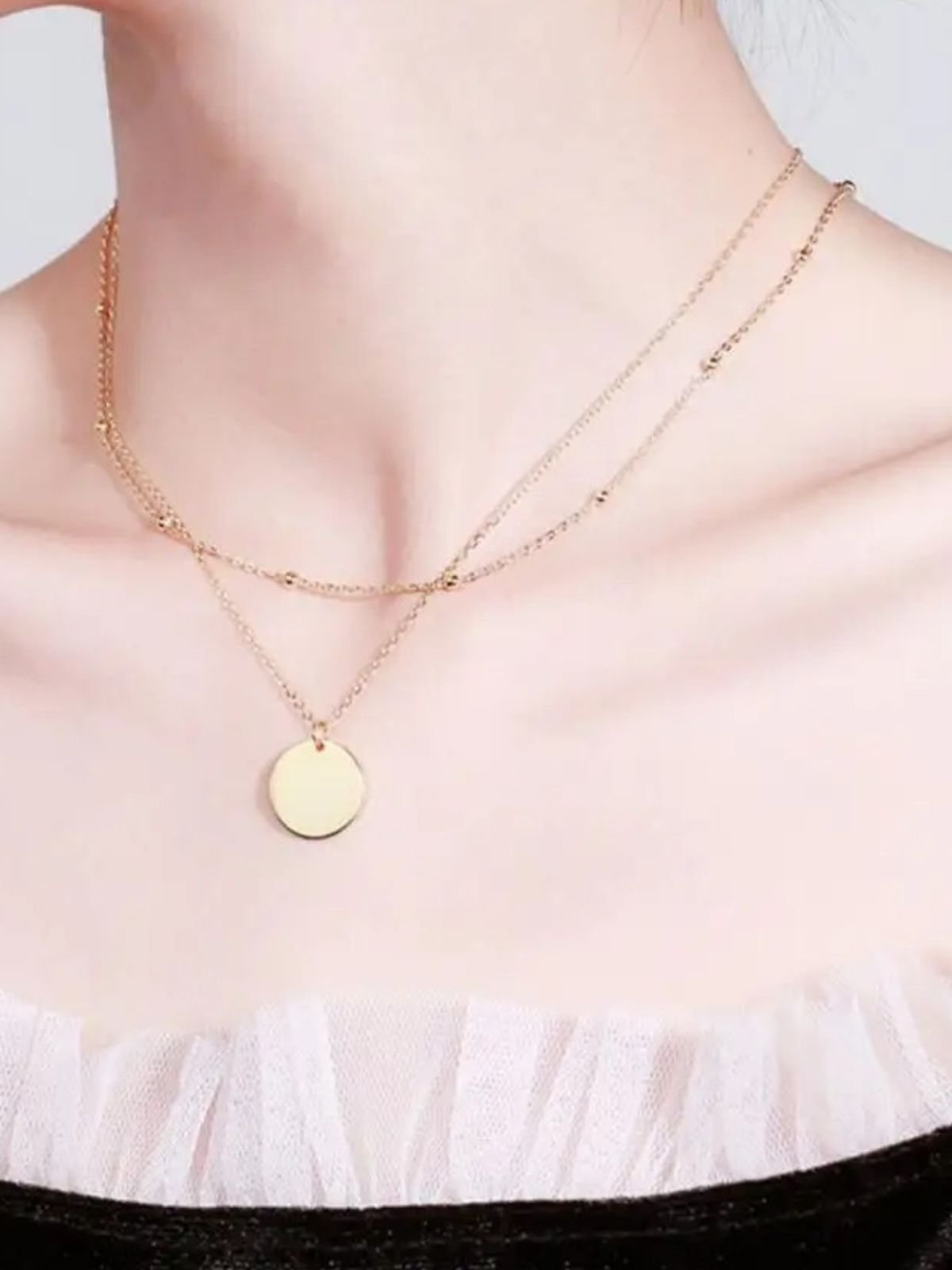 Collier double rang femme, chaîne fine acier inoxydable, pendentif rond, modèle Marguerite - Collier - Or 38 - 43cm