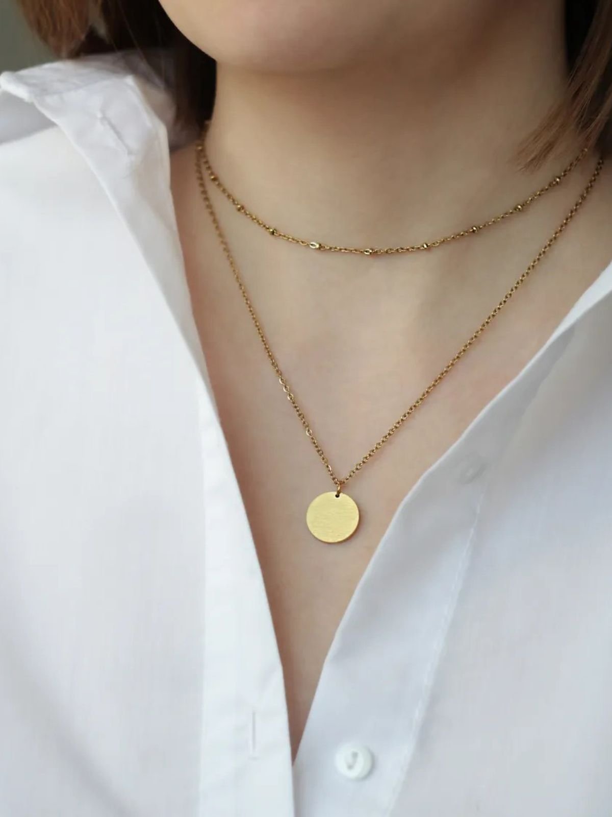 Collier double rang femme, chaîne fine acier inoxydable, pendentif rond, modèle Marguerite - Collier - Or 38 - 43cm